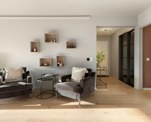 Espace d'accueil du cabinet d'hypnothérapie à Genève : deux fauteuils gris, une table basse et des étagères en bois
